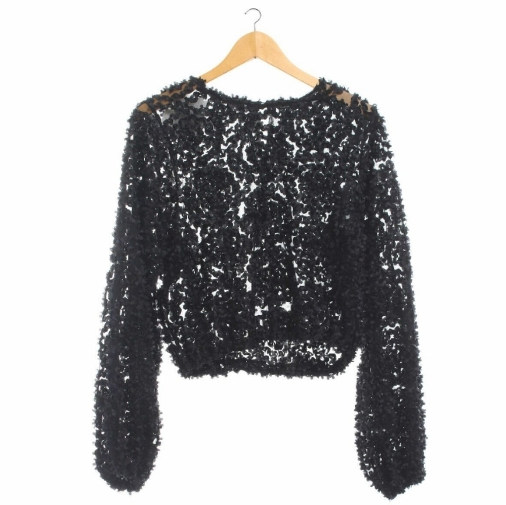 Zara Sheer Black Mesh With 3D Applique Petals Boho Casual Crop Long Sleeve Top - Picture 6 of 7
